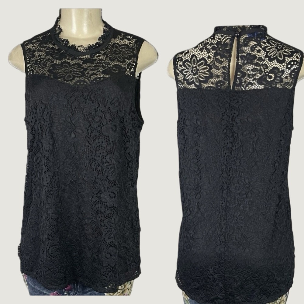 Apt. 9 L Black Floral Lace Lined Mock Neck Sleeveless Blouse Button Keyhole Back